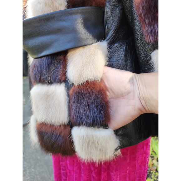 Rare Vtg Brown Cream Black Rabbit Mink Fur Checkered Belt Festive Winter Coat - Picture 8 of 9